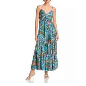 Aqua Floral Ikat Spring Summer Maxi Dress Turquoise Boho Size Small